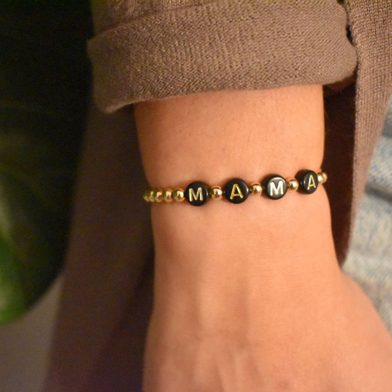 Gold Bracelet with Personalized Black Letter Beads
